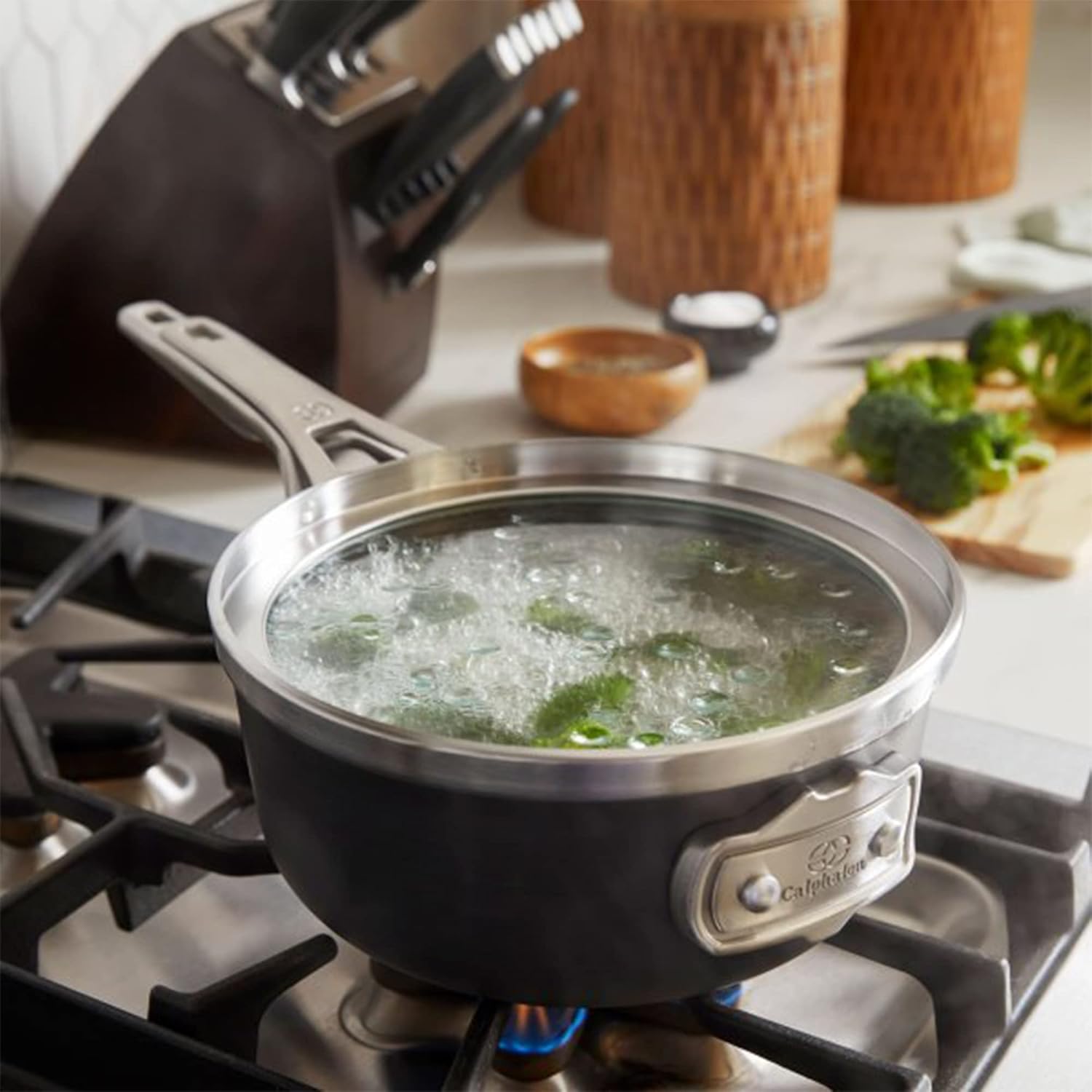 Calphalon Premier Space Saving Stackable 8 Quart Hard Anodized Aluminum Nonstick Stock Pot Kitchen Cookware with Tempered Glass Lid