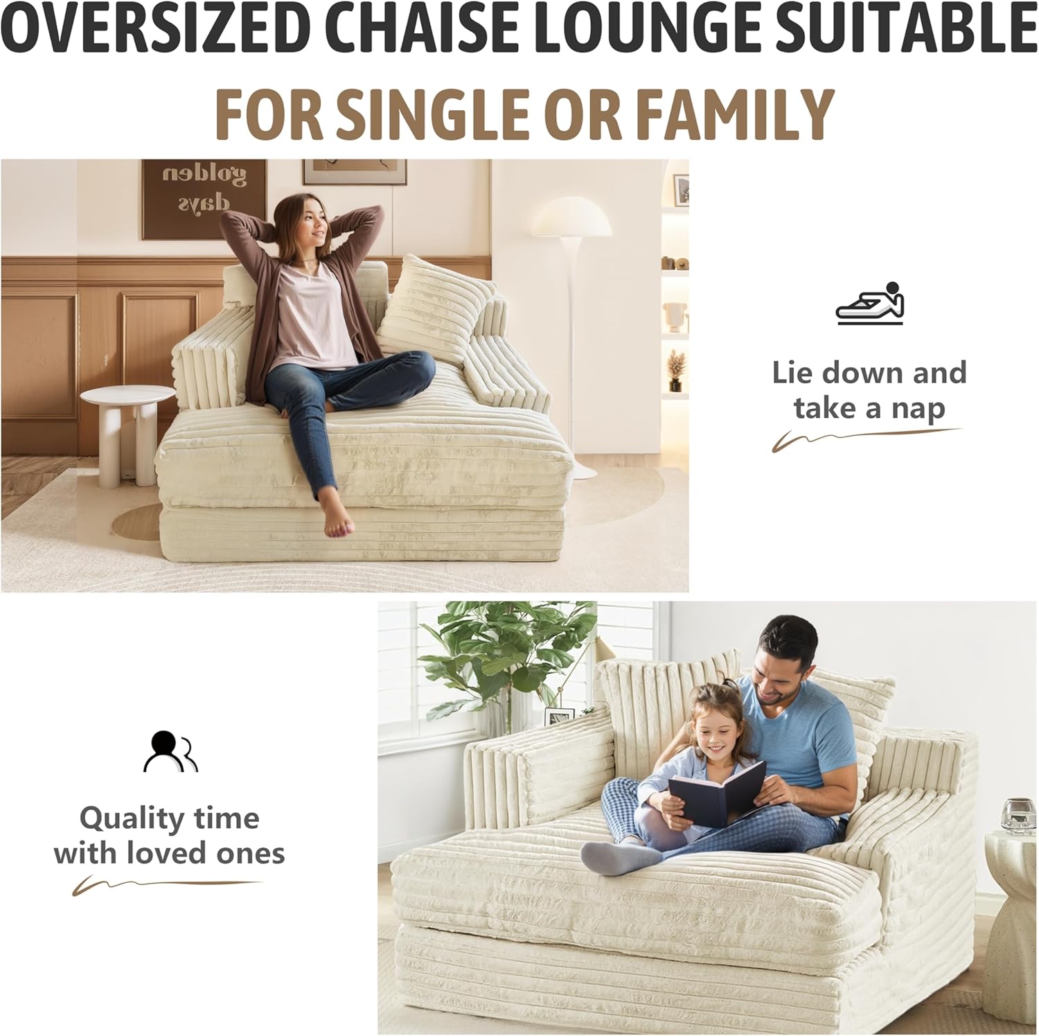 Chaise Lounge Chair Indoor Bedroom, Oversized Chaise Lounge Sofa Upholstered Soft Single Short Plush Couch Sofa Bed Sleeper Chair for Living Room with 2 Throw Pillows, Easy to Install