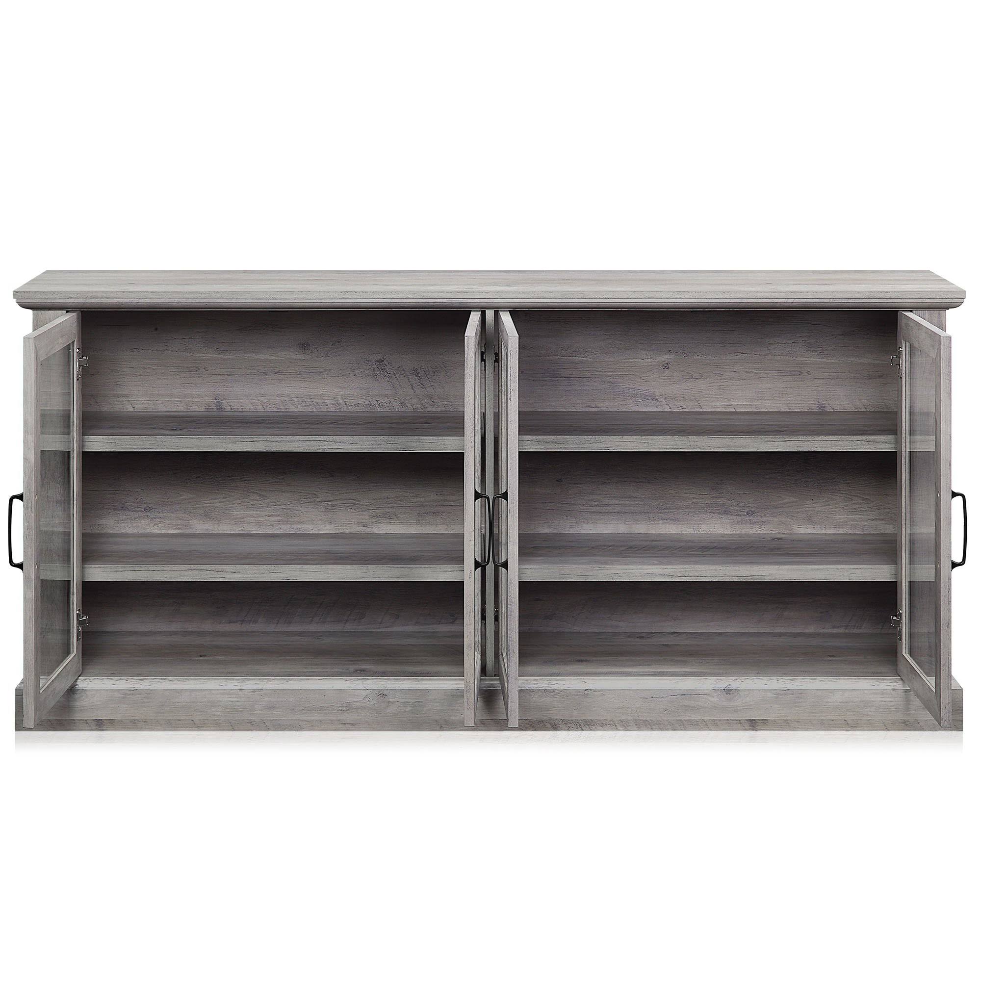 Belleze Liam 70x22 Rustic Farmhouse Wood Sideboard Universal Stand 4 Doors Buffet Cabinet Living Room Glass Storage, Rustic Grey