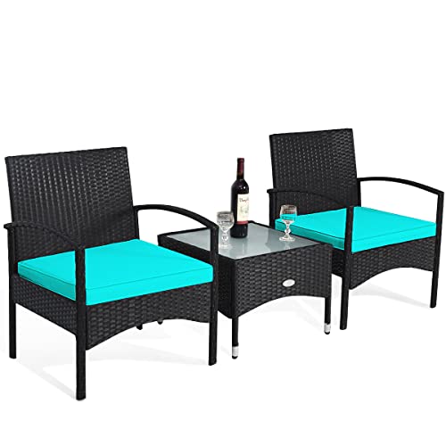 COSTWAY 3 PCS Patio Wicker Conversation Set, PE Rattan Sofa with Tempered Glass Coffee Table, 2 Chairs, 2 Cushions, Outdoor Patio Furniture Set for Yard Porch Bistro Balcony Backyard Pool, Red