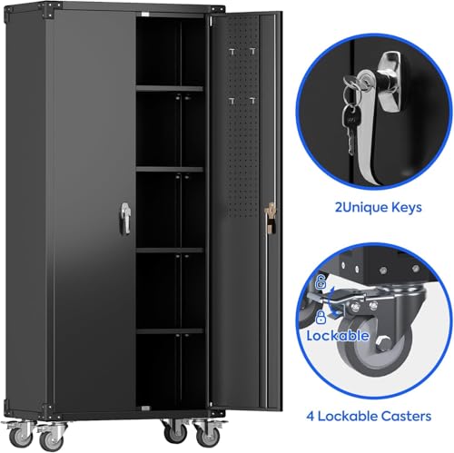 73" H Metal Storage Cabinet with Wheels, Garage Storage Cabinet with 4 Adjustable Shelves and Lockable Doors for Garage Home Office Utility Room,Required Assembly,Black