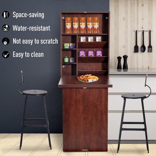 Wall Mounted Desk Cabinet - Fold Out Convertible Desk - Folding Work Table - Floating Desk with Storage Shelves - Multifunctional Writing Desk - Space Saving and Water Resistant - Mahogany