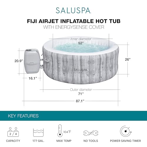 Bestway SaluSpa Cancun AirJet 2 to 4 Person Inflatable Hot Tub, 71 x 26 Inch Round Portable Outdoor Spa with 120 Soothing Jets and Cover, Gray
