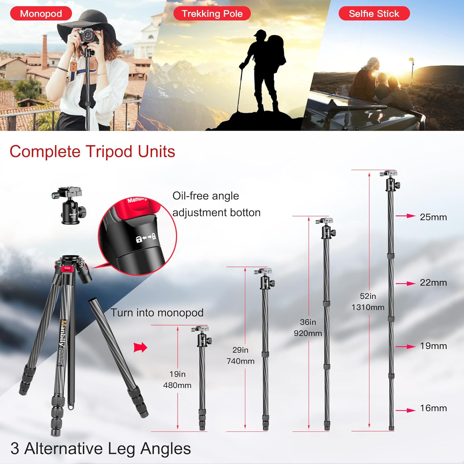 Manbily 63 Carbon Fiber DSLR Camera Tripod Monopod Kit,Compact and Lightweight,360-degree Panoramic Ball Head Quick Release Plate,5 Seconds Quickly Invert The Center Column,for Travel Work(YS-254C)