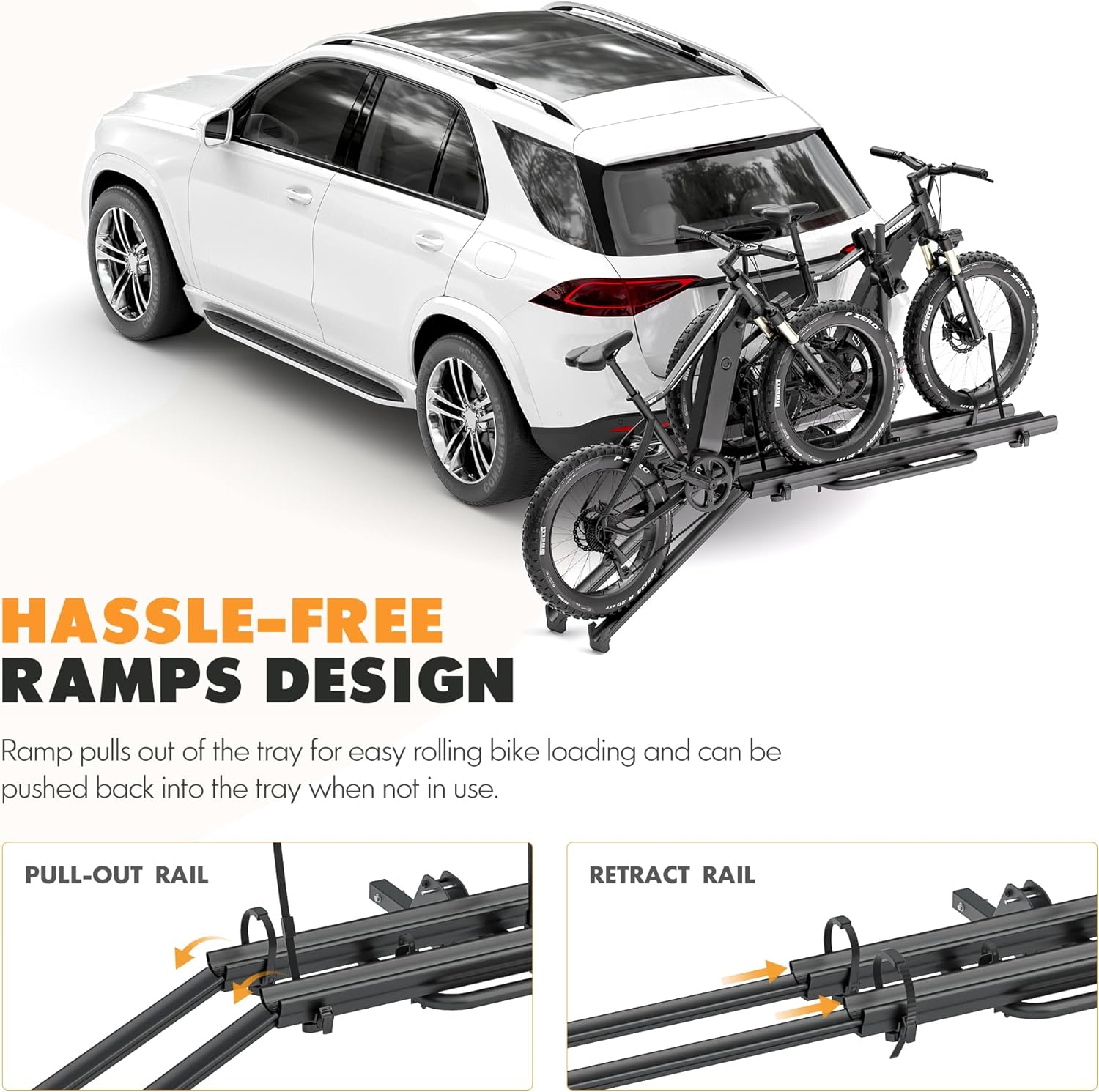 2 EBike Rack With Ramp, 2" Hitch Mounted Carrier Bike Racks Platform, 200 Lbs Max Loading for Standard, Fat Tire and Electric Bicycles, Foldable Heavy Duty E-Bike Rack for SUVs Cars Trucks RV