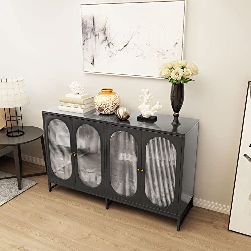 Accent Storage Cabinet, Modern Sideboard Buffet Cabinet with Glass Doors and Adjustable Shelves, Freestanding Cabinet for Living Room, Kitchen, Entryway, Dining Room (Natural)