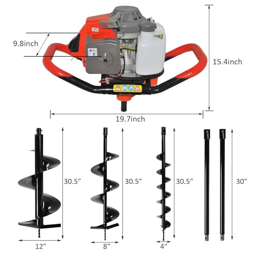85cc 4HP Post Hole Digger Gas Powered, Gas Earth Auger/Ice Auger, with 3 Drill Bits 4"/8"/12" + 2 Extension Bar, One Man Earth Auger for Planting Fence, EPA Compliant Post Hole Auger