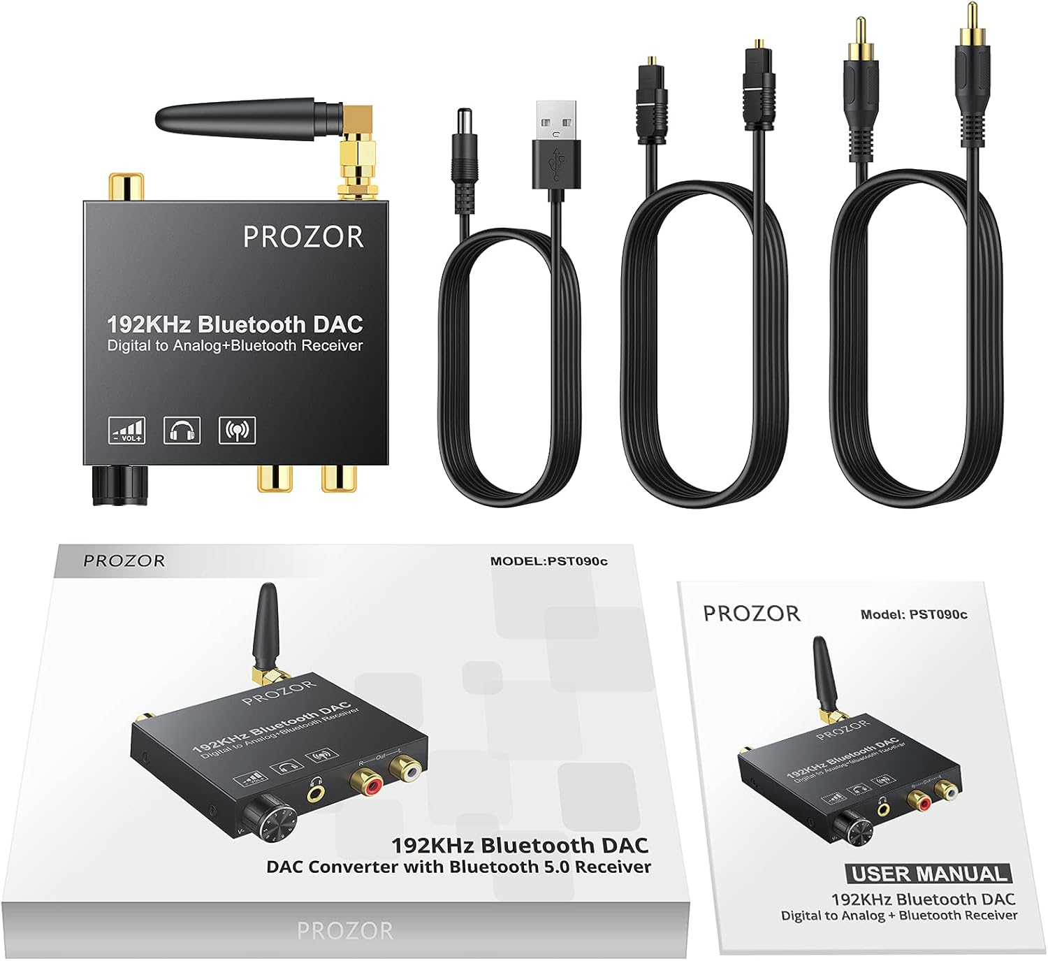 PROZOR 192kHz Digital to Analog Audio Converter with 5.0 Bluetooth Receiver, Optical Coaxial Bluetooth Digital Audio to Stereo Analog RCA & 3.5mm