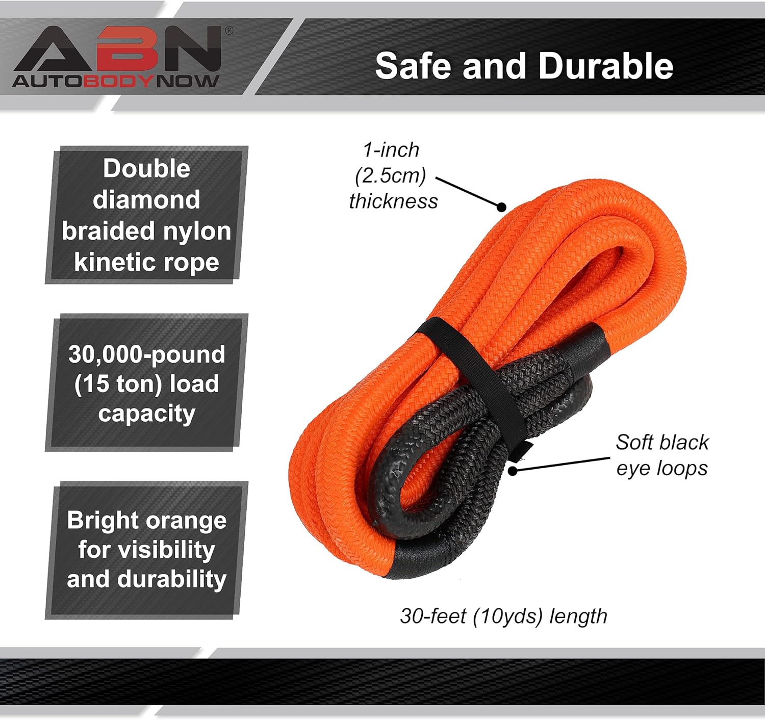ABN Kinetic Recovery Rope - 30ft Orange Emergency 30,000lb Cap Kinetic Tow Rope Stretch Tow Ropes for Vehicles