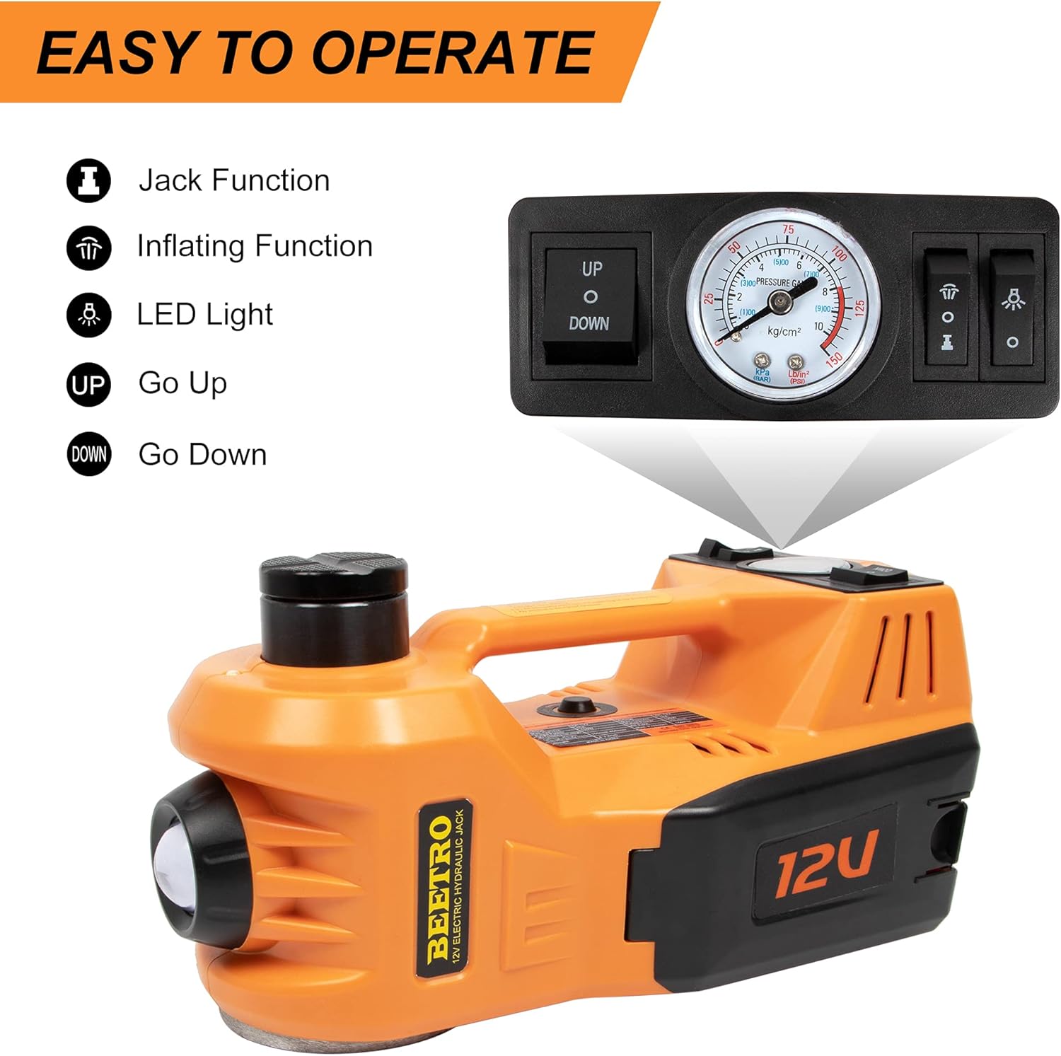 BEETRO 3 in 1 Electric Hydraulic Car Jack with Tire Inflator Pump, 5T(11000 lbs) Electric Car Floor Jack, DC 12V Electric Car Jack for an Emergency Tire Change,Lifting Range 6-17.7 inch