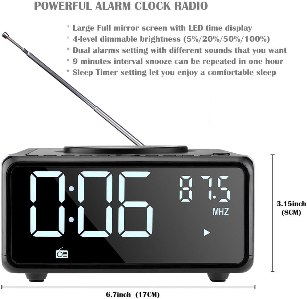 CD Player Boombox with Remote, Dual Alarm Clock Radio, Wireless Charger, Bluetooth Digital FM Radio, MP3/USB Music Player, Snooze & Sleep Timer, Dimmable Mirror LED Display,Black
