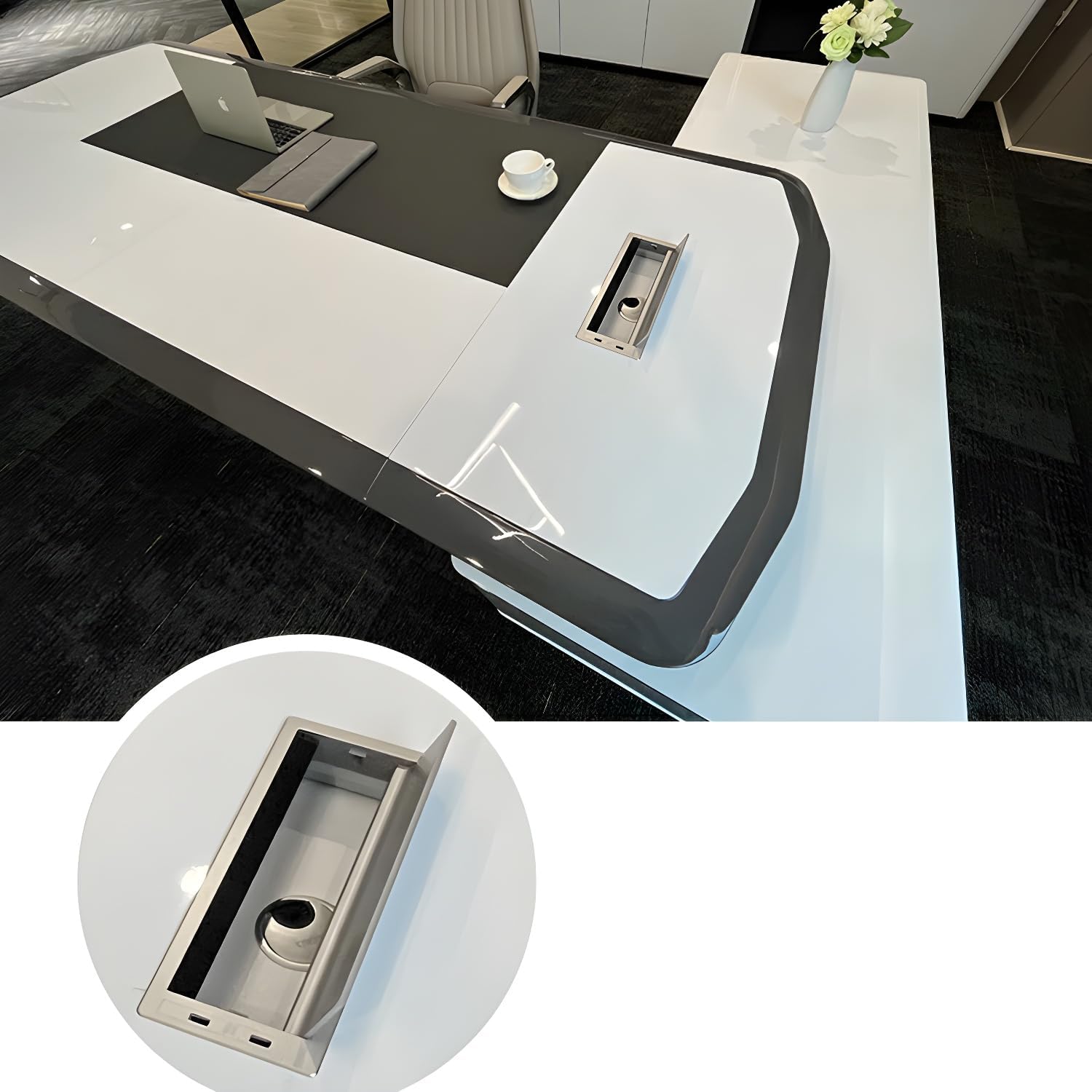 Modern White L-Shape Executive Desk with Cable Management and Built-in Storage, Piano Inspired L-Shaped Workstation Home Office Desk 94.5" L x 31.5" W x 29.5" H, Right Hand Return