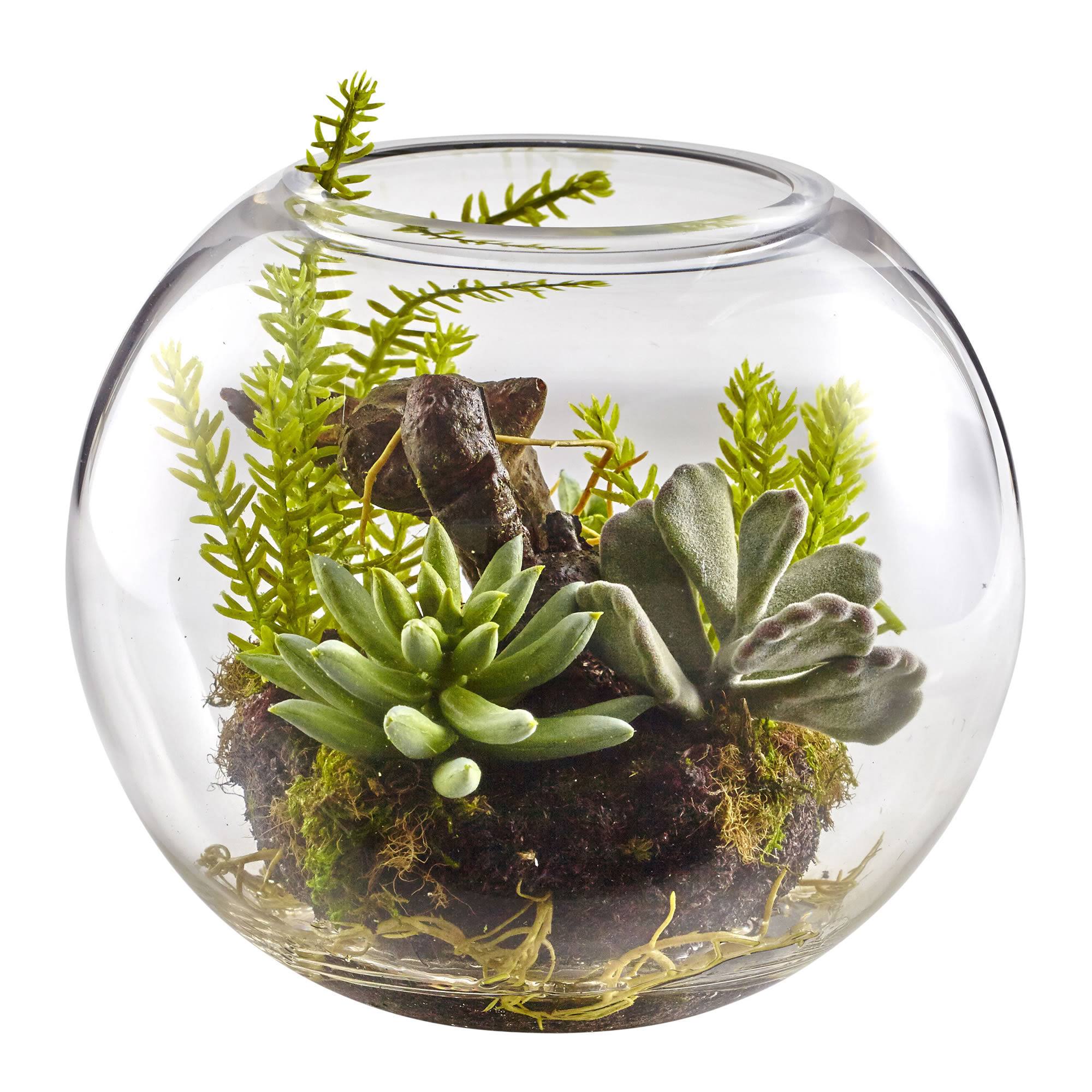 Nearly Natural Mix Succulent Garden with Glass Vase, Clear, 6.5x22