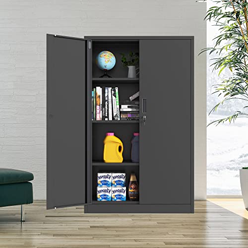 Metal Storage Cabinet with Locking Doors and 2 Adjustable Shelves, Small Lockable Steel Storage Cabinets for Home Office Garage Kitchen Pantry (Black)