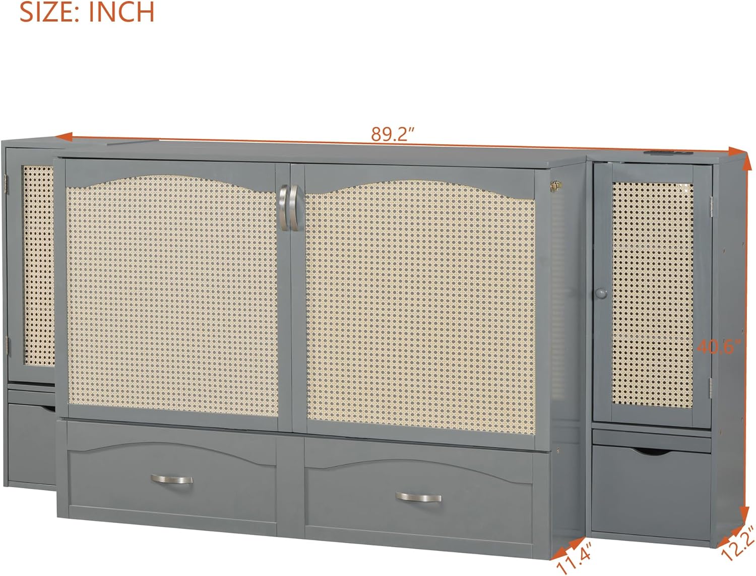 Queen Size Murphy Bed with Storage Drawer, Rattan Decoration with 2 Cabinets, Sockets and USB Ports, Pulley Structure Design Space Saving Foldable Bedframe for Bedroom Guest Room, Gray