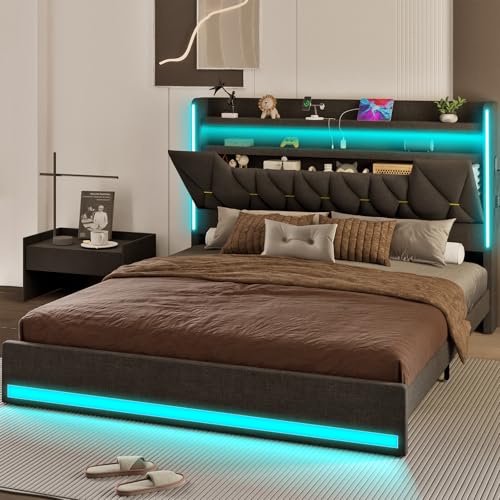 King LED Bed Frame with Hidden Storage and 2-Tier Storage Shelvs Headboard,Bed Frame with Charging Station and LED Lights,No Box Spring Needed, Dark Gray Linen Cloth