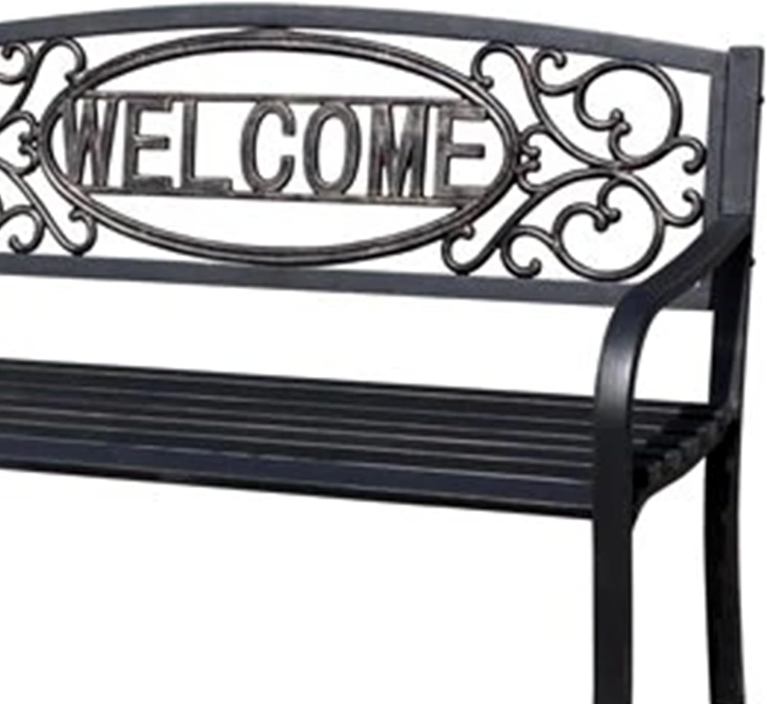 Welcome Outdoor Park Bench Powder Coated Steel Frame Furniture Seat for Backyard Garden, Front Porch, or Walking Path, Black