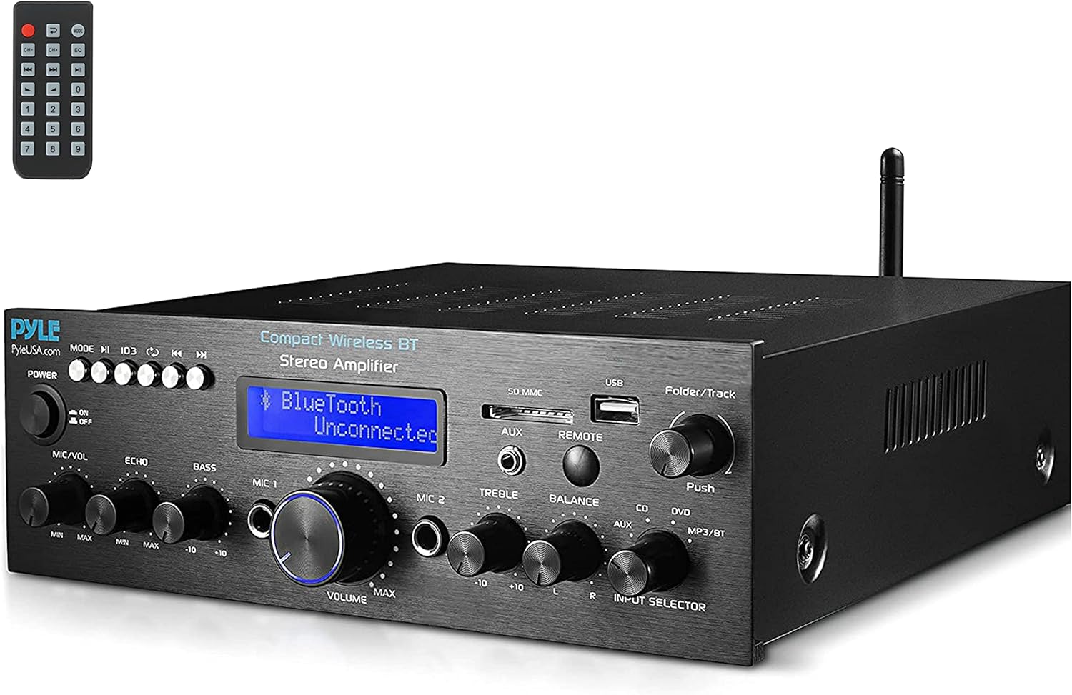 Pyle Compact Bluetooth Stereo Amplifier - 200 Watt Desktop Audio Power Amp Receiver with FM Radio, MP3/USB/SD Readers, Digital LCD Display, Microphone Input - PDA612BU.5 Pack of 2