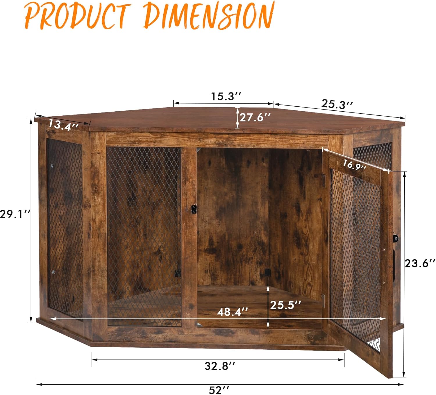 PUKAMI Corner Dog Crate Furniture,44/52inch Wooden Dog Kennel Furniture with Mesh,Decorative Wood Dog House for Indoor use,Dog Crate for Small/Medium/Large Dog,Perfect for Limited Room