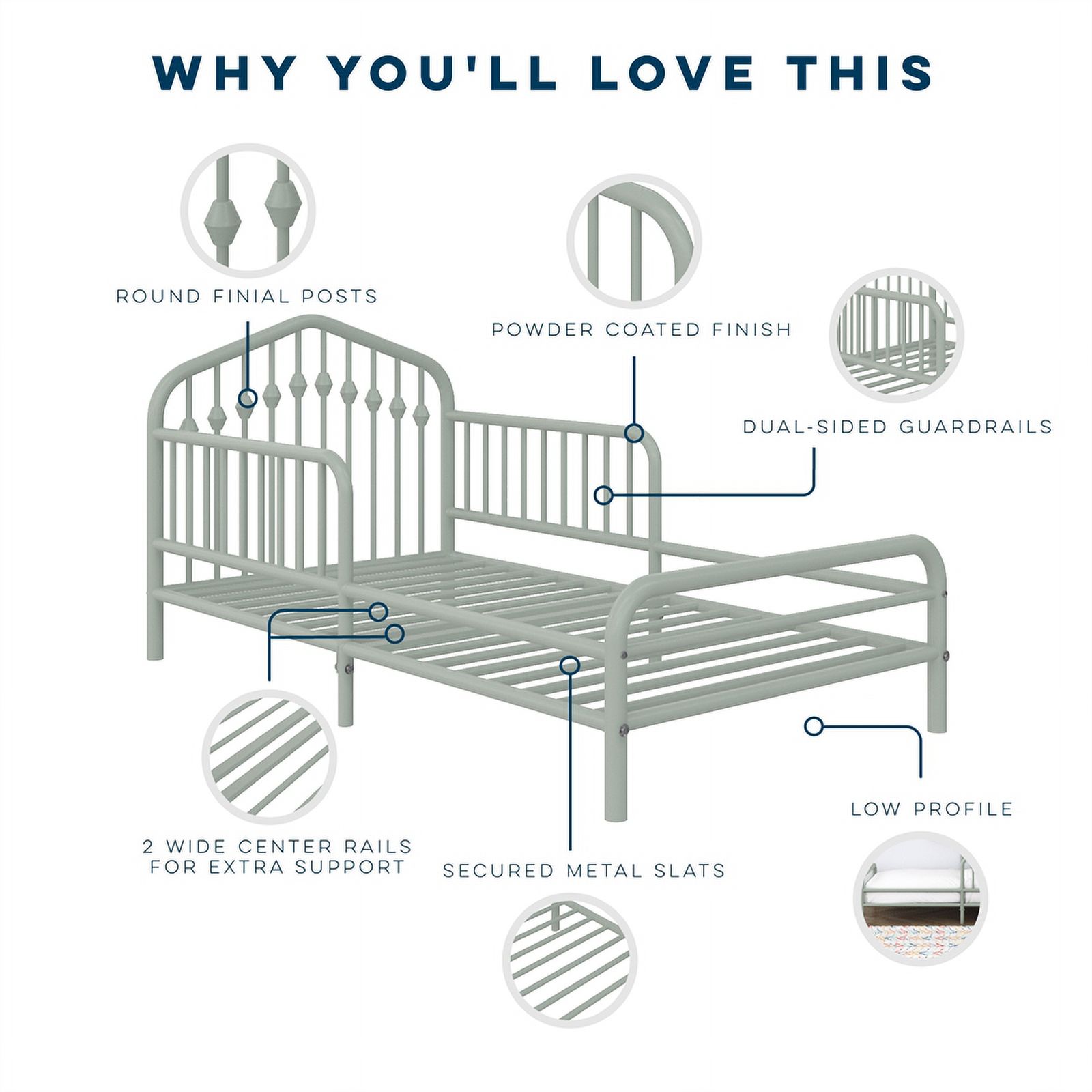 Pemberly Row Modern / Contemporary Metal Toddler Bed in Sage Green
