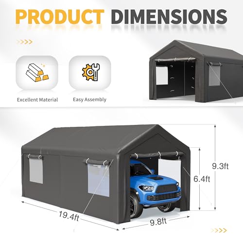 Outdoor Carport 10x20 ft, Car Canopy Portable Garage with Roll-up Ventilated Windows and All-Season Tarp Cover, Heavy Duty Car Port with Removable Sidewalls for Car, SUV, Boats (Grey)