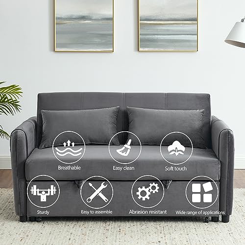 3-in-1 Versatile Convertible Sofa Bed, Velvet Double Sofa with Pull-out Bed, Futon Couch with Adjustable Backrest and Side Pocket,Loveseats Sofa Bed,Square Arms, for Living Room Apartment, Grey