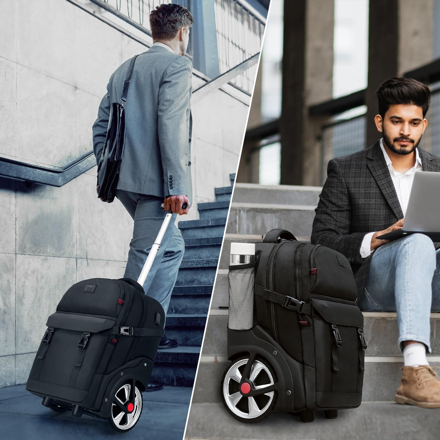 MATEIN Rolling Backpack for Adults with Wheels, 17 Inch Large Wheeled Backpack with USB Charging Port & Combination Lock, Water Resistant Anti Theft Travel Laptop Backpack for Men Work Business, Black