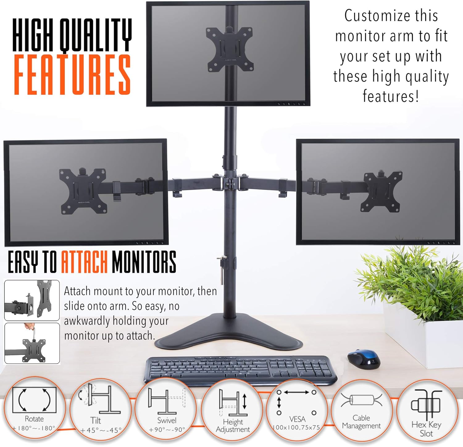 Stand Steady Freestanding 3 Monitor Mount Desk Stand | Height Adjustable Triple Monitor Stand with Full Articulation VESA Mounts | Fits Most LCD/LED Monitors 13-32 Inches | Easy Set-Up 3 Monitor Arm Pack of 2