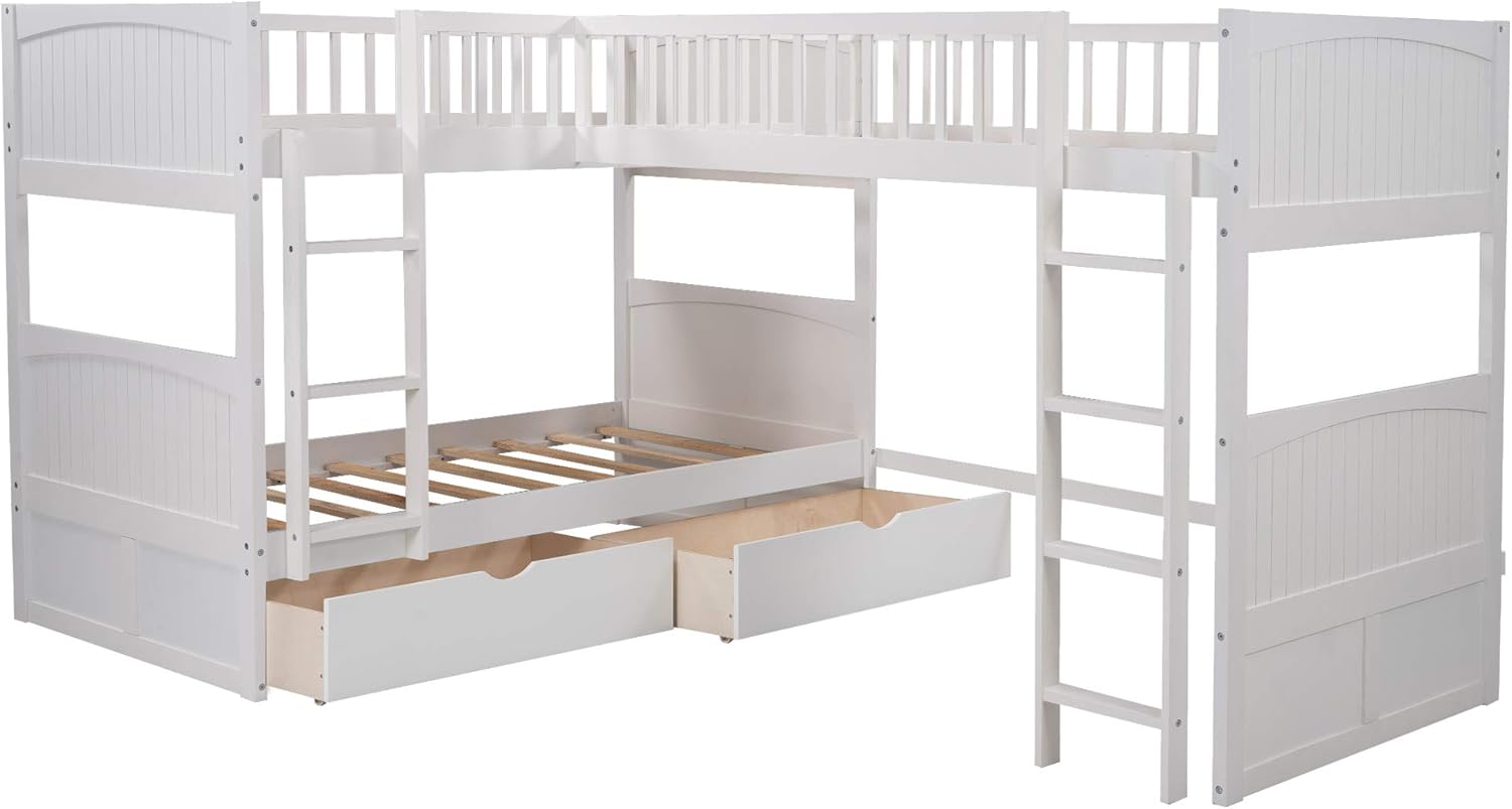 L Shape Corner Bunk Bed Triple, Loft Bed with 2 Drawers, Multifunctional Storage Loft Bed, Bunk Bed, Double Loft Bed for Bedroom, Space Saver, Bedroom Furniture suit for 3 Kids, Teens, white