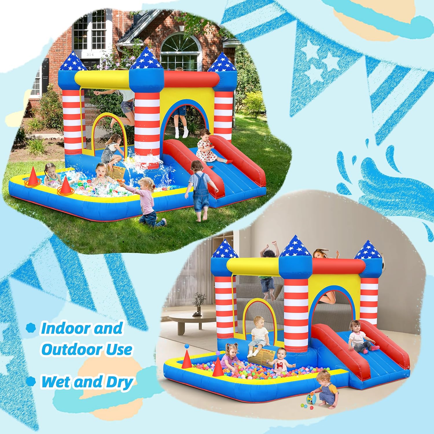 Culaluva Inflatable Bounce House: Bouncer Bouncy Castle 5 in 1 with Ball Pit & Slide for Kids Aged 3-8 - with 370W Blower & Storage Bag - Indoor Outdoor Play Stripes Style