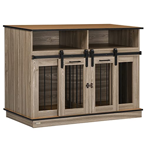 PawHut Dog Crate Furniture for Large Dogs or Double Dog Kennel for Small Dogs with Shelves, Sliding Doors, 47" x 23.5" x 35", White