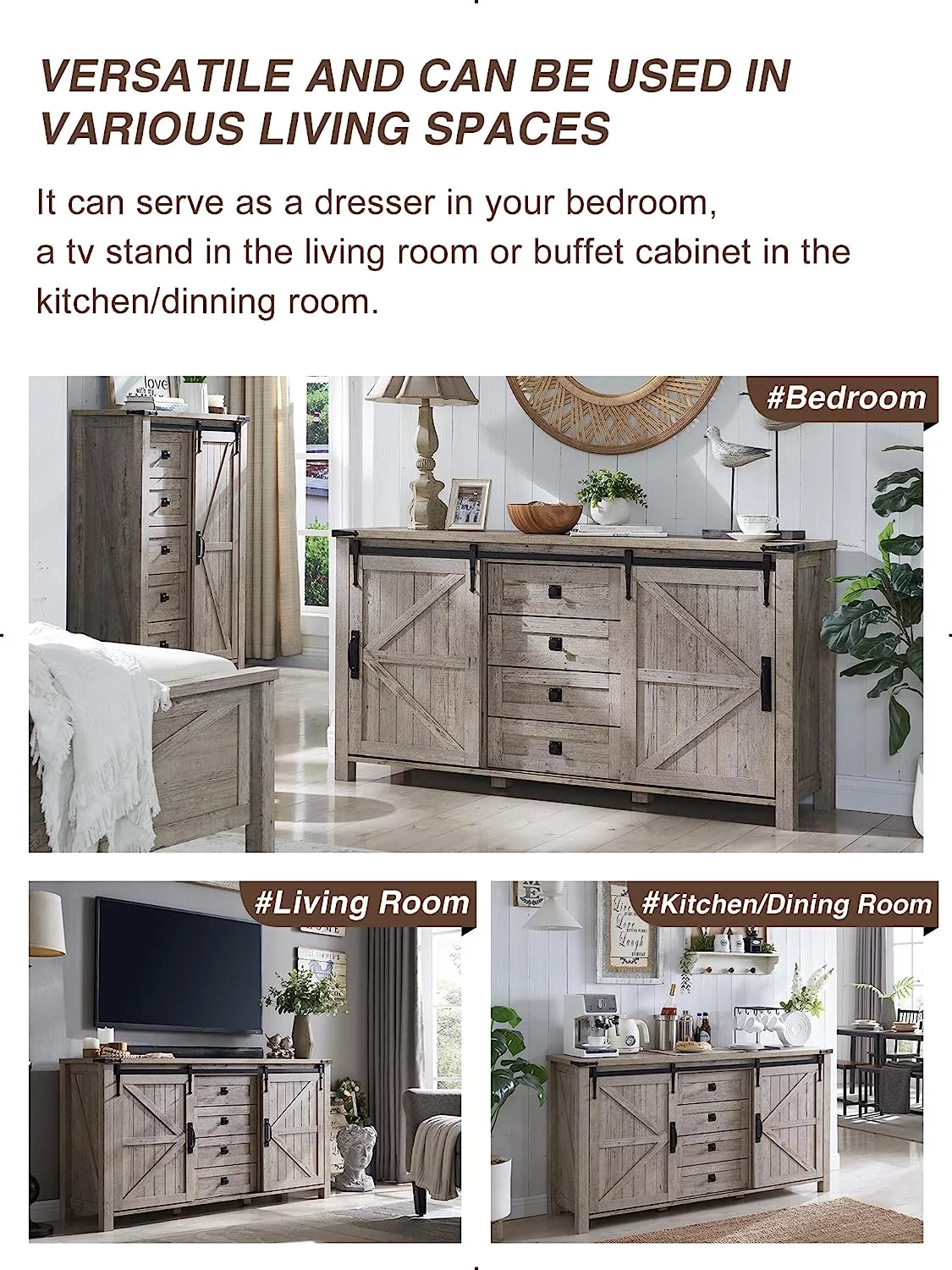 OKD 60" Farmhouse Dresser Chests for Bedroom with 4 Drawers & Sliding Barn Doors, Rustic Dresser TV Stand, Light Rustic Oak