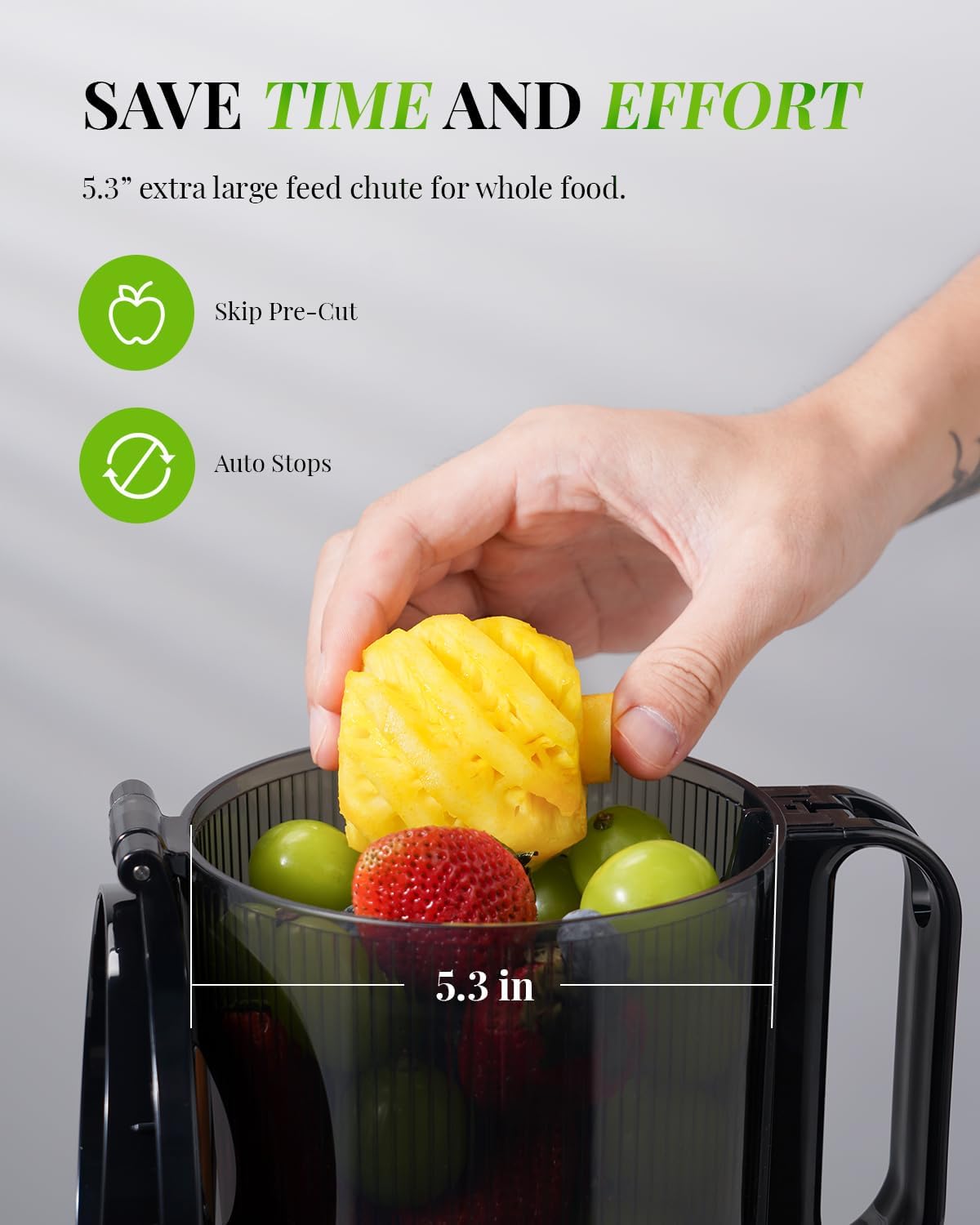 GDOR Self Feeding Cold Press Juicer, Slow Juicer Machines with Large Feed Chute 5.3", Juice Extractor for Whole Fruits & Vegetables, Easy to clean,250W, Gun Grey