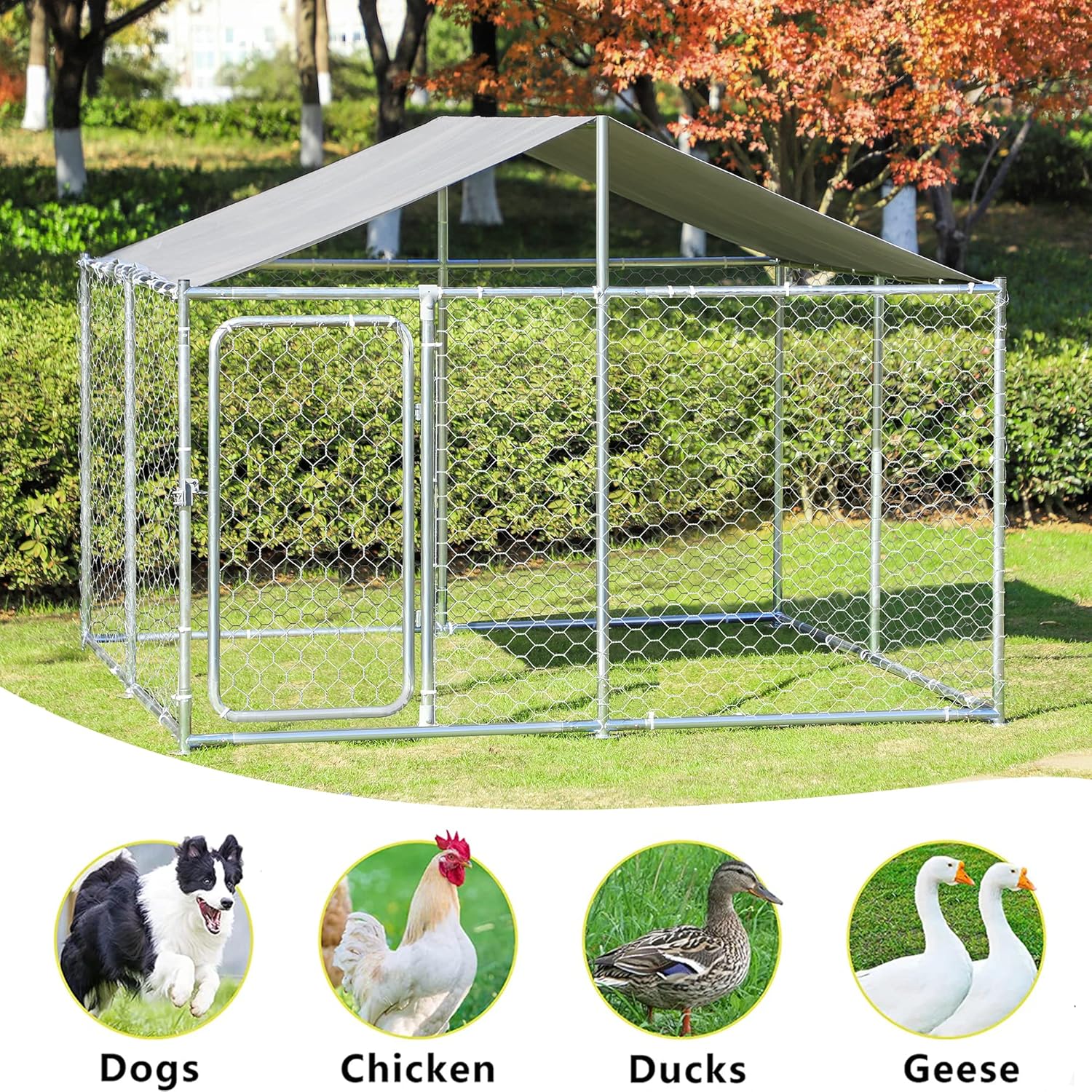 Heavy Duty Dog Cage Outdoor Dog Kennels Outside Pet Playpen for Dogs Outdoor Dog House with Water-Resistant Cover for Back or Front Yard (Silver, 90"x90"x63")
