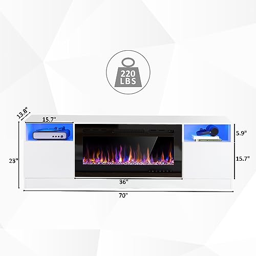 70" Fireplace TV Stand for TVs Up to 80" with 36" Electric Fireplace, TV Console for The Living Room, LED Light Entertainment Center, Storage Cabinet, Media Console Table, Black