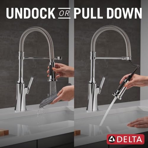 Delta Faucet Ermelo Pro Commercial Style Kitchen Faucet, Kitchen Faucets with Pull Down Sprayer Brushed Nickel, Kitchen Sink Faucet, Faucet for Kitchen Sink with Magnetic Dock, Stainless 18887-SS-DST