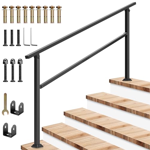 VIVOSUN Outdoor Handrail, 6 Step Stair Handrail, 83" x 36" Fits 1 to 6 Steps, Wrought Mattle Iron Handrail for Concrete Steps, Porch Steps, One-step Assembly, Black