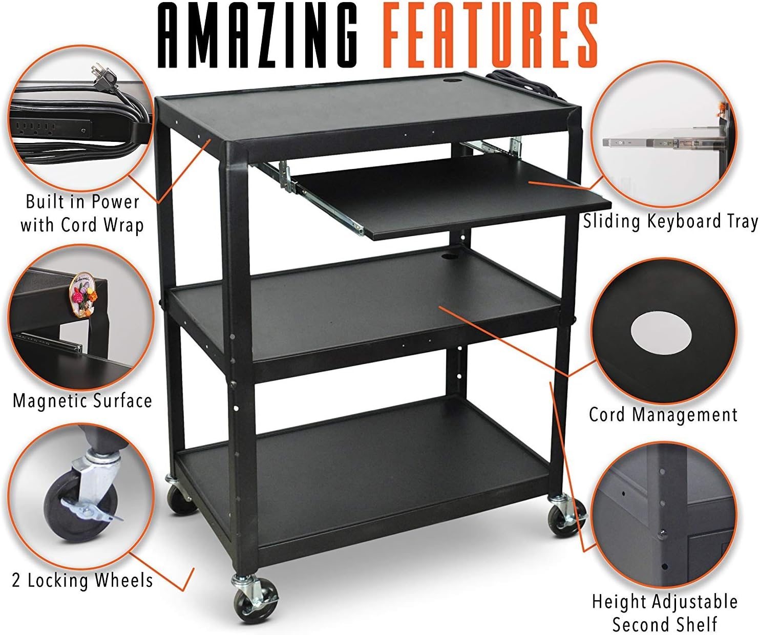 Line Leader Large AV Cart with Retractable Keyboard Tray | Height Adjustable Utility Cart | Includes Pullout Keyboard Tray & Cord Management | Easy Assembly (34in x 18in x 42in / Black)