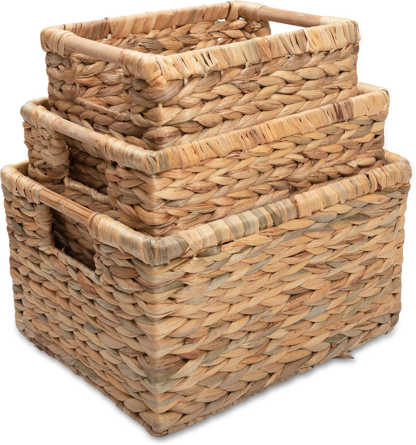 VATIMA Large Wicker Basket Rectangular with Wooden Handles for Shelves, Water Hyacinth Basket Storage, Natural Baskets for Organizing, Wicker Baskets for Storage 14.5 x 10.3 x 7.2 inches