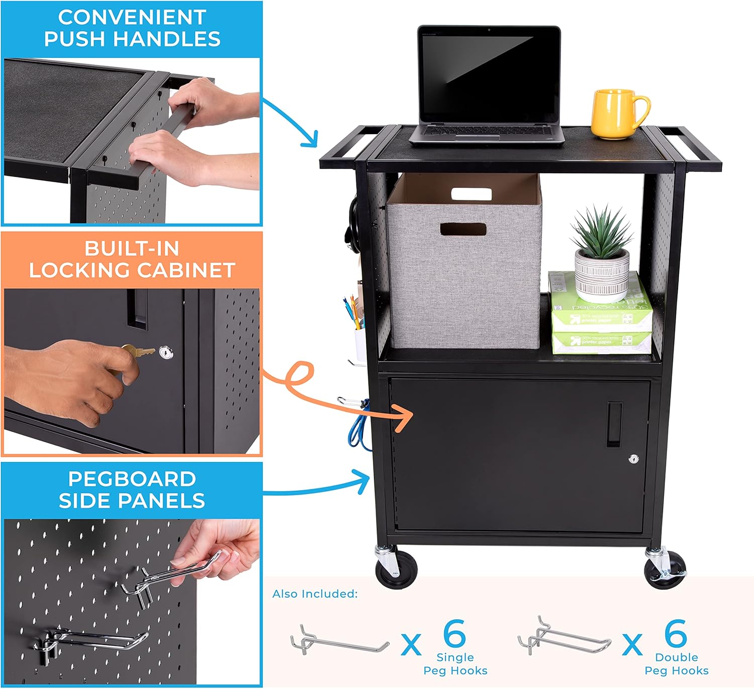 Line Leader Stellar AV Cart | Computer Cart with Pegboard Siding & 12 Hooks for Customizable Storage | Locking Cabinet & Pullout Keyboard Tray | UL Safety Certified Power Outlets | Locking Wheels