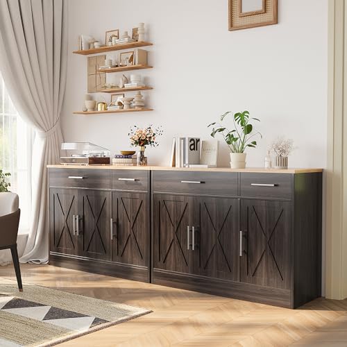 Shintenchi Modern Farmhouse Sideboard Buffet Cabinet with Storage with 3 Doors,42" Barn Doors Buffet Cabinet with Storage, Wood Coffee Bar Cabinet with Adjustable Shelf for Kitchen Living Room,White