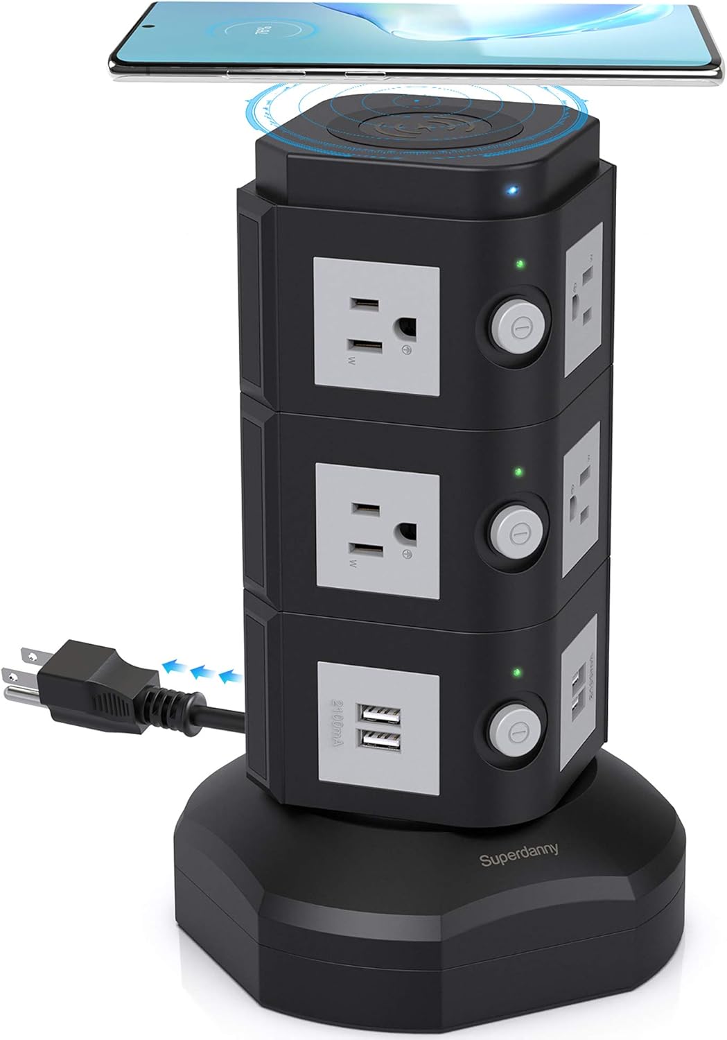 Power Strip Tower, SUPERDANNY Surge Protector Tower with 15W Magnetic Wireless Charger, 1050J, 13A Charging Station with 12 AC Outlets & 6 USB Ports, 6.5ft Extension Cord for Home Office, Gold Pack of 2