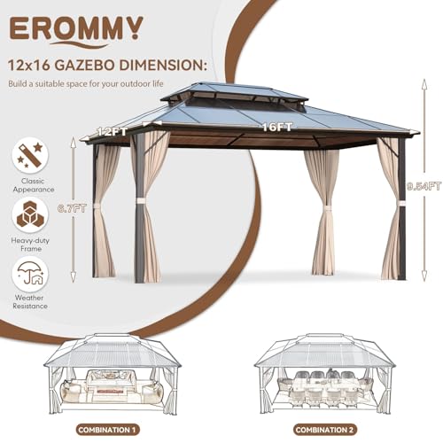 EROMMY 10' x 12' Hardtop Gazebo, Aluminum Frame Gazebos with Galvanized Steel Double Roof, Permanent Outdoor Metal Pavilion with Curtain and Netting for Patio, Lawn, Deck