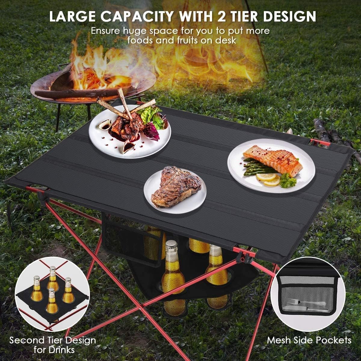 Outdoor Folding Camping Table Lightweight: Portable Camp Table with Cup Holders and Carrying Bags Outside Camping Tables That Fold Up Lightweight for Outdoor Picnic Beach Hiking Travel Fishing Medium