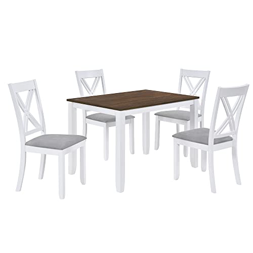 5-Piece Dining Table Set for Small Spaces, Minimalist Wood Dining Table with 4 Upholstered Chairs, Rectangular Table and 4 X-Back Chairs (Blue)