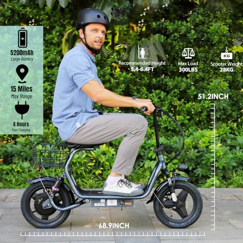 Caroma Peak 500W/800W/1200W Electric Scooter with Seat, Max 15/20/30Miles Range&20MPH, 14" Tires Foldable Adult Electric Scooter with Basket for Pets & Cargo, Dual Shock Absorbing Ebike for Commuting