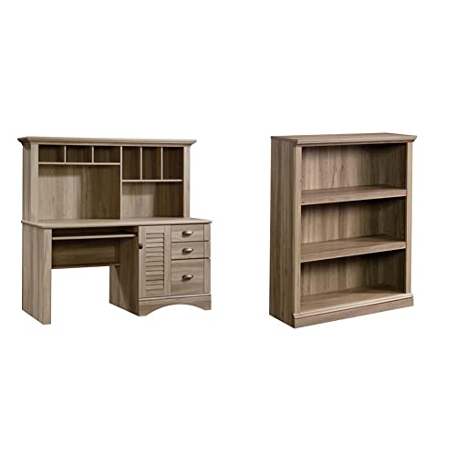 Sauder Harbor View Computer Desk with Hutch and 3-Shelf Bookcase, Salt Oak Finish