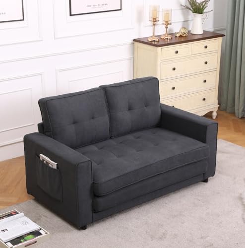 3-in-1 Upholstered Futon Sofa Convertible Floor Sofa Bed with Pull Out Sleeper Couch Bed - Foldable Tufted Loveseat Daybed for Living Room - Sofa Bed Couches for Living Room Furniture (Dark Gray)