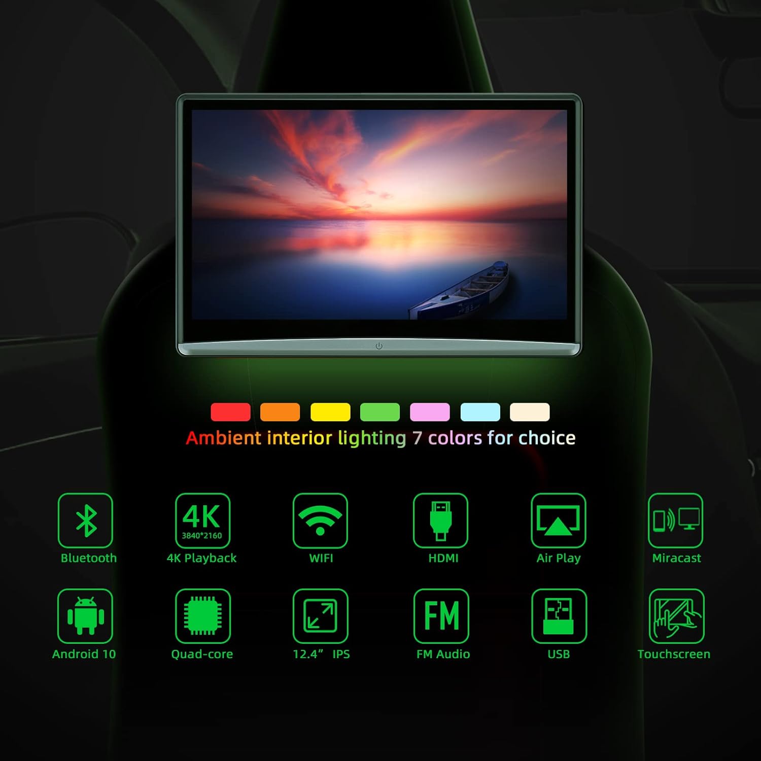 Upgrade Android 10 Car TV Monitor Tablet with 12.4" Touch Screen,Portable Headrest Video Player for Kids,Support 4K/WiFi/Bluetooth/HDMI in/Out/USB/FM