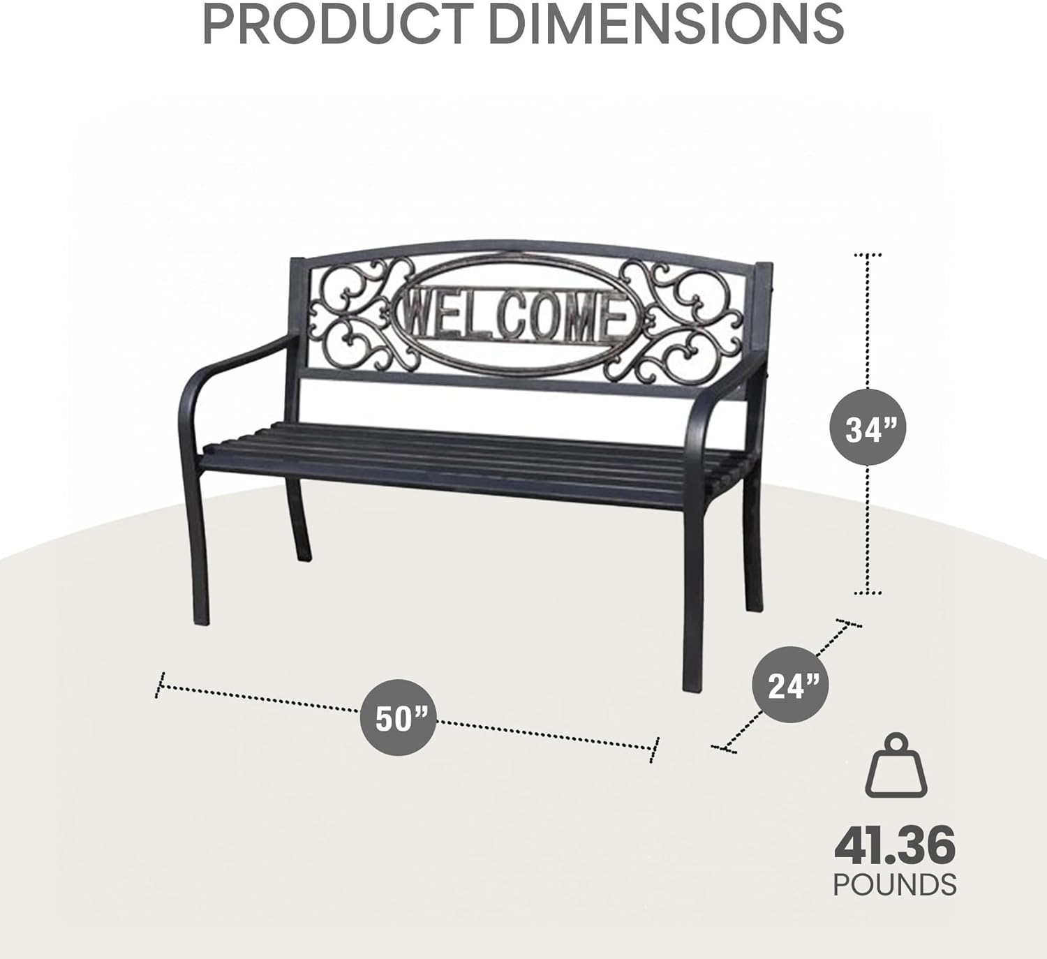 Welcome Outdoor Park Bench Powder Coated Steel Frame Furniture Seat for Backyard Garden, Front Porch, or Walking Path, Black